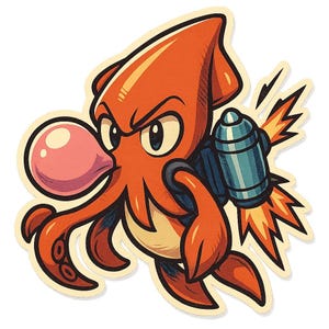 Adesivo jetpack calamaro | Calamaro kawaii con jetpack e gomma da masticare in stile Sora | Adesivo divertente a forma di polpo