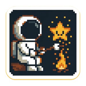 Astronauta asando malvaviscos sobre una estrella. Divertida pegatina de dibujos animados, resistente a la intemperie. Regalo para amantes del espacio, el camping y el humor.