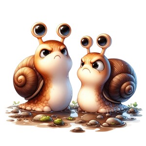 May include: Two cartoon snails with angry expressions. The snails have brown shells and tan bodies. They are standing in a puddle with rocks and small plants. The snails have large, expressive eyes and are facing forward.