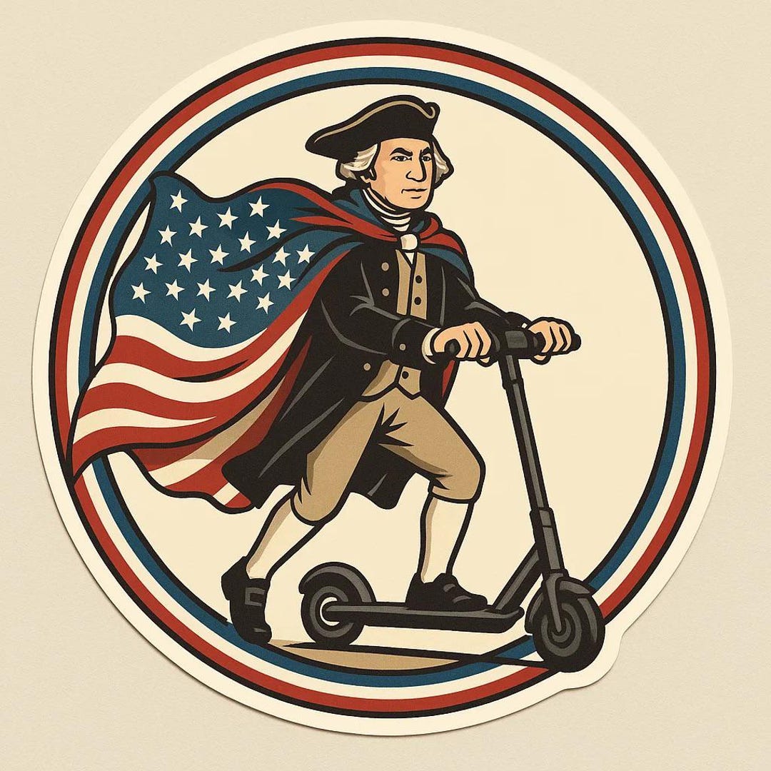 George Washington Sticker on E-scooter With Flag Cape. Funny Founding ...