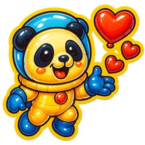 Panda astronauta lanzando globos con forma de corazón. Bonita pegatina de dibujos animados, resistente a la intemperie. Regalo para amantes del espacio, los animales y el amor.