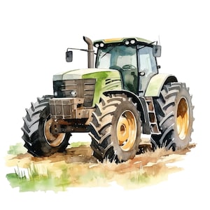 May include: Watercolor illustration of a green and white tractor with large black tires and gold rims. The tractor is depicted on a field of grass and dirt, with a white background. The tractor has a cab and a smokestack.