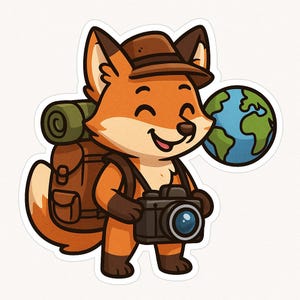 Volpe con macchina fotografica in giro per il mondo – Grazioso adesivo per auto – resistente alle intemperie, avventuroso – regalo per amanti dei viaggi, degli animali e fotografi