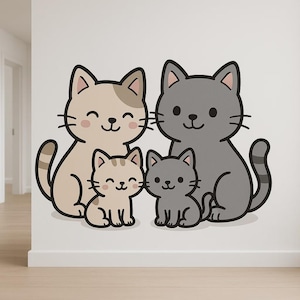 Väggdekor Kattfamilj – Söt mammakatt med bebisar – Barnrumsinredning – Väggdekorationer med djur – Bedårande väggkonst för husdjur