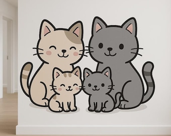 Cat Family Wall Decal – Cute Cat Mom with Babies – Nursery Decor – Animal Wall Stickers – Loving Pet Wall Art