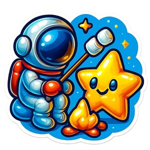 Astronauta asando malvaviscos sobre una estrella. Divertida pegatina de dibujos animados, resistente a la intemperie. Regalo para amantes del espacio, el camping y el humor.