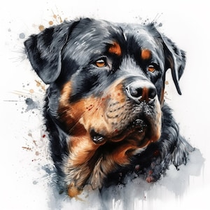 Op de afbeelding: Een aquarelportret van een Rottweiler-hond. De hond heeft zwarte vacht met bruine markeringen rond de snuit en ogen. De achtergrond heeft aquarelverfspatten in grijstinten, bruin en zwart.