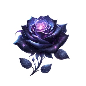 Könnte beinhalten: Digitale Illustration einer Rose mit kosmischem Thema. Die Blütenblätter wechseln von tiefem Indigo zu einem leuchtenden, weichen rosa Zentrum, übersät mit winzigen, funkelnden Sternen. Die Rose ist vor einem weißen Hintergrund, mit dunkelblauen Blättern und Stiel.