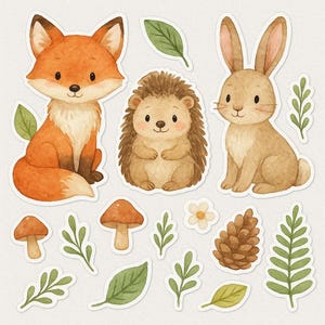 Set di adesivi – Volpe acquerellata, Riccio, Coniglio – Adesivi carini a tema natura per la cameretta dei bambini, Bullet Journal