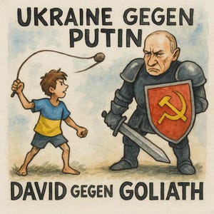 Pegatina Ucrania vs. Putin – Motivo David vs. Goliat – Cómic de acuarela, protesta y esperanza