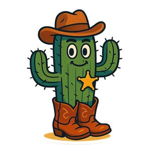 Kaktus mit Cowboystiefeln & Sheriffstern – Lustiger Cartoon-Sticker – wetterfest – Geschenk für Western-, Pflanzen- Humor-Fans