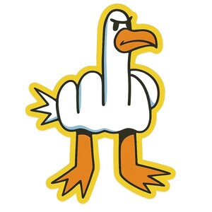 Pegatina de gaviota enojada con divertido motivo de meme con borde amarillo para coche, portátil, caravana o regalo para fans de las gaviotas y nerds del humor.