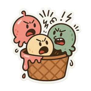Diskussions-Eisbecher Sticker | Drei Kugeln mit Gesichtern streiten im Becher | Lustiger Comic Snack | Eiscreme Aufkleber