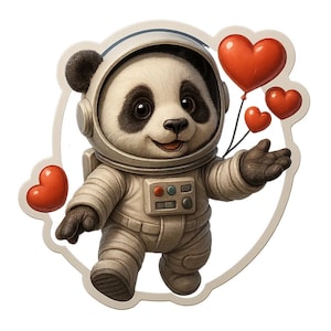Panda astronauta lanzando globos con forma de corazón. Bonita pegatina de dibujos animados, resistente a la intemperie. Regalo para amantes del espacio, los animales y el amor.