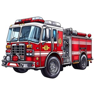 Può includere: Illustrazione di un'autopompa antincendio rossa e bianca. Il veicolo presenta una cabina bianca con dettagli rossi, una barra luminosa di emergenza rossa e un design dettagliato. La parte anteriore ha una griglia cromata e un paraurti con luce rossa. Il camion ha pneumatici neri.