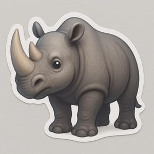 May include: A gray rhinoceros sticker with a white border. The rhino has a large horn, small ears, and a detailed, cartoon-like design. The sticker is on a light gray background.