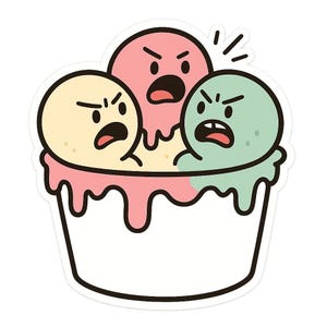Diskussions-Eisbecher Sticker | Drei Kugeln mit Gesichtern streiten im Becher | Lustiger Comic Snack | Eiscreme Aufkleber