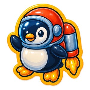 Pingüino astronauta con mochila propulsora – Pegatina divertida de dibujos animados – Resistente a la intemperie – Regalo para amantes del espacio, los animales y el humor