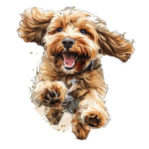 Peut inclure: Illustration à l'aquarelle d'un chien joyeux en train de sauter. Le chien a un pelage brun clair, de longues oreilles et un collier. Sa bouche est ouverte, révélant sa langue rose. Le fond est blanc avec de subtiles éclaboussures d'aquarelle.