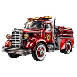 Può includere: Un camion dei pompieri rosso vintage con dettagli cromati e pneumatici a fascia bianca. Il veicolo presenta un portascale, luci di emergenza e un distintivo con la scritta "Fairfield Fire Dept." Il design classico evoca nostalgia e servizio alla comunità.