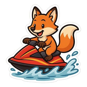 Fox on Jet Ski Sticker – Funny car sticker – weatherproof, snazzy – gift for animal lovers, summer fans and water sports nerds