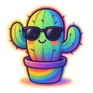 Adesivi kawaii di cactus | Cactus arcobaleno con occhiali da sole in stile Sora | Adesivo divertente con pianta anime