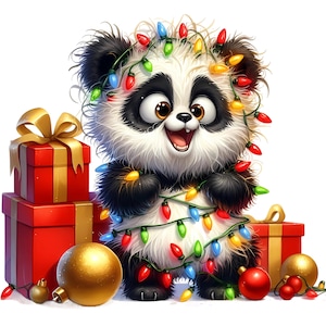 May include: A cute panda illustration with a festive theme. The panda is wrapped in colorful Christmas lights and surrounded by red gift boxes with gold bows and gold ornaments. The panda has a happy expression.