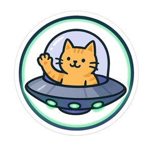 UFO-Katze Sticker | Cartoon-Katze winkt aus Untertasse | Sci-Fi Haustier Comic | Alien-Fun Aufkleber für Nerds