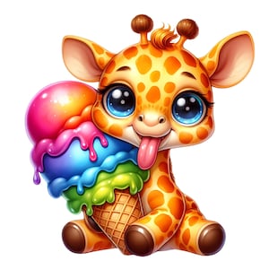 Cute giraffe with ice cream sticker | Colorful cartoon animal decal | Funny wall sticker for kids' rooms | Summer safari decoration gift idea