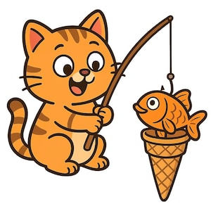 Könnte beinhalten: Cartoon-Illustration einer orangefarbenen getigerten Katze beim Angeln. Die Katze hält eine Angelrute mit einer fischförmigen Eistüte am Ende. Die Katze hat einen fröhlichen Gesichtsausdruck. Der Hintergrund ist weiß.