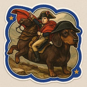 Pegatina de Napoleón en perro salchicha con sombrero de general. Sátira histórica en formato de pegatina cómica para amantes de los perros y fanáticos del humor histórico.
