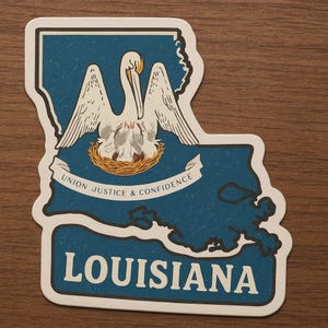 Autocollant de l'État de la Louisiane avec contour de la carte et symboles. Autocollant pour voiture, ordinateur portable, camping-car, cadeau pour les fans des États-Unis et les amoureux de la ville natale.
