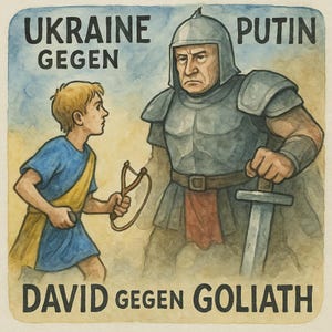 Pegatina Ucrania vs. Putin – Motivo David vs. Goliat – Cómic de acuarela, protesta y esperanza