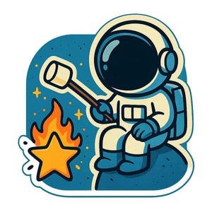 Astronauta asando malvaviscos sobre una estrella. Divertida pegatina de dibujos animados, resistente a la intemperie. Regalo para amantes del espacio, el camping y el humor.
