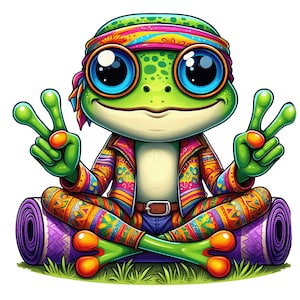Può includere: Una rana dei cartoni animati con grandi occhi blu, che indossa una fascia e una giacca colorate, che fa il segno della pace. La rana è seduta a gambe incrociate su un tappetino da yoga viola, con erba verde sullo sfondo. L'outfit della rana ha un design colorato.