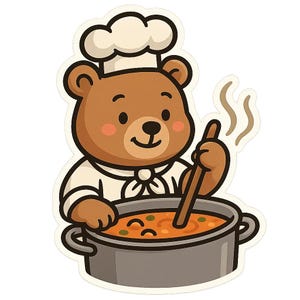 May include: A cartoon sticker featuring a brown bear in a chef's hat and uniform, stirring a pot of soup. The soup is orange with green peas. Steam rises from the pot. The bear has rosy cheeks and a friendly expression.