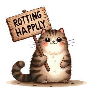 Może przedstawiać: Kreskówka przedstawiająca puszystego kota trzymającego drewniany znak z napisem "ROTTING HAPPLLY". Kot jest brązowo-biały z dużymi oczami i uroczym wyrazem twarzy. Znak jest brązowy z czarnym napisem.