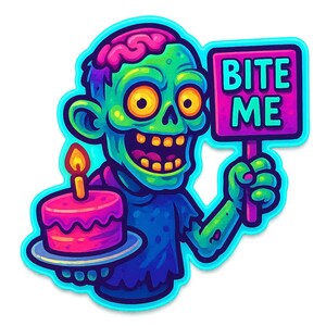 ゾンビ3体とケーキプレートと「Bite Me」サイン – 面白い漫画ステッカー – 耐候性 – ホラーやフードユーモアファンへのギフト