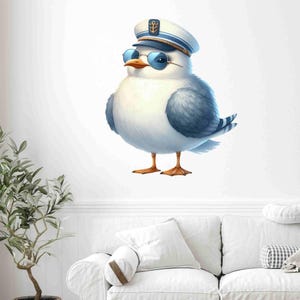 Funny seagull with captain's hat wall sticker, cool seagull sticker, cartoon seagull with glasses, children's room decoration, sea animal wall sticker