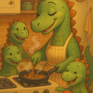 Schattige dinosaurusmoeder kookt met kinderen in de keuken – genietend van het gezinsleven – schattige dino-kunst in cartoonstijl, kinderkamersticker