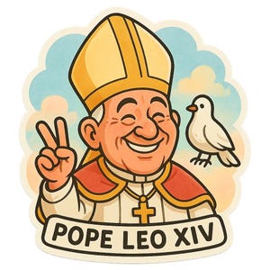Adesivo divertente del cartone animato Papa Leone XIV | Santo felice con colomba e cappello gigante | Simpatico motivo di chiesa come adesivo divertente