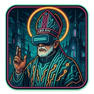 Adesivo cyberpunk di Papa Leone XIV | Alone al neon, occhiali VR e mantello LED | La credenza futuristica come adesivo moderno