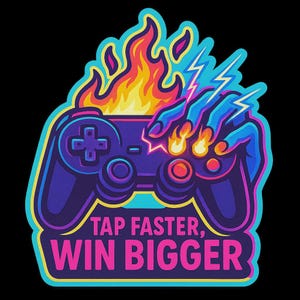 Könnte beinhalten: Ein lebendiger Aufkleber mit einem Videospiel-Controller in Flammen, gehalten von einer blauen Hand mit Blitzen. Der Text "TAP FASTER, WIN BIGGER" ist in Pink und Weiß dargestellt.
