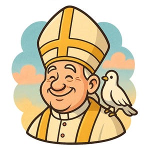 Lustiger Cartoon Papst Leo XIV Sticker | Fröhlicher Heiliger mit Taube & Riesenhut | Niedliches Kirchenmotiv als Spaß-Aufkleber