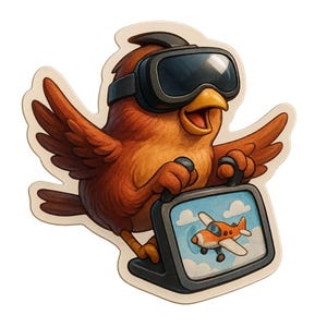 Pájaro con gafas de realidad virtual jugando a un simulador de vuelo. Divertida pegatina de dibujos animados, resistente a la intemperie. Regalo para gamers, amantes de las aves y del humor.