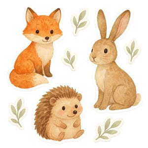 Set di adesivi – Volpe acquerellata, Riccio, Coniglio – Adesivi carini a tema natura per la cameretta dei bambini, Bullet Journal