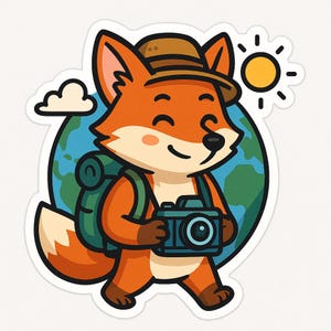 Volpe con macchina fotografica in giro per il mondo – Grazioso adesivo per auto – resistente alle intemperie, avventuroso – regalo per amanti dei viaggi, degli animali e fotografi