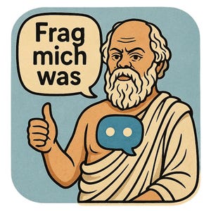 Pegatina de Sócrates como un antiguo chatbot con toga y diciendo nube Pregúntame cualquier cosa Pegatina de cómic de filosofía para pensadores y fanáticos de los libros