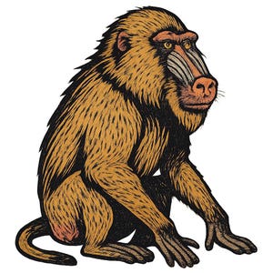 May include: A detailed illustration of a baboon in a seated pose. The baboon features brown and black fur, a pink face, and a striped muzzle. The artwork is a stylized drawing against a white background.
