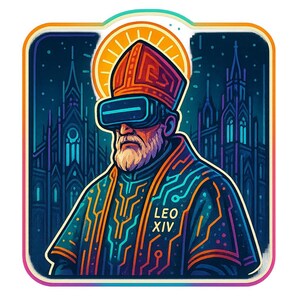 Adesivo cyberpunk di Papa Leone XIV | Alone al neon, occhiali VR e mantello LED | La credenza futuristica come adesivo moderno